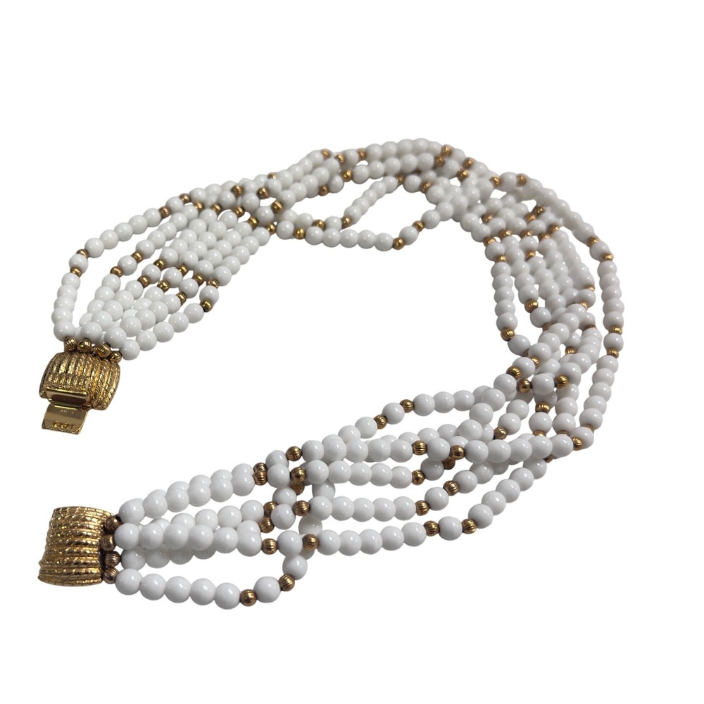 Multi Strand White milk glass Beaded Necklace Gold Tone Accent Clasp Statement - Picture 5 of 7